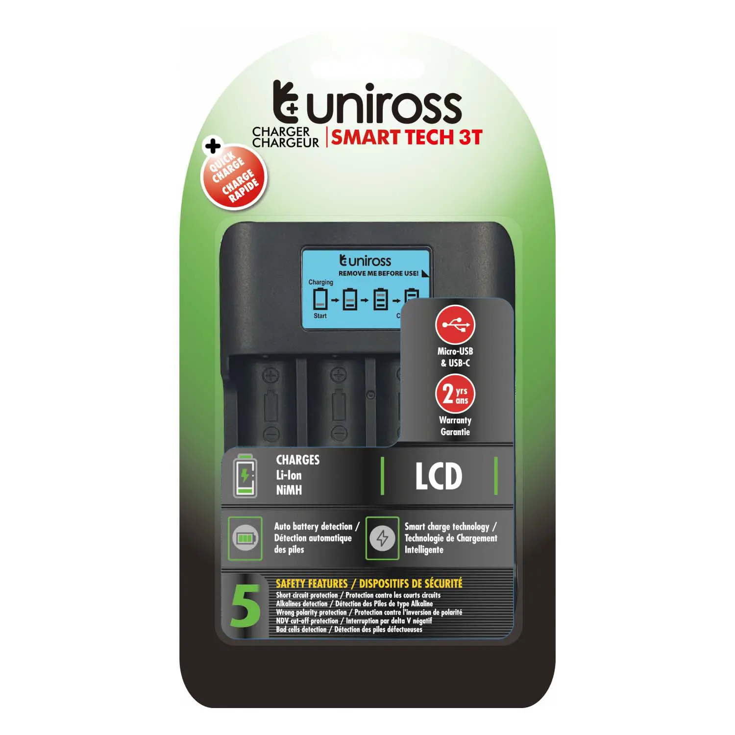 Chargeur pile Rapide UNIROSS Smart Tech 3T LCD By USB-C et Micro-USB pour Ni-MH Li-ion AA AAA 18650 UCX007