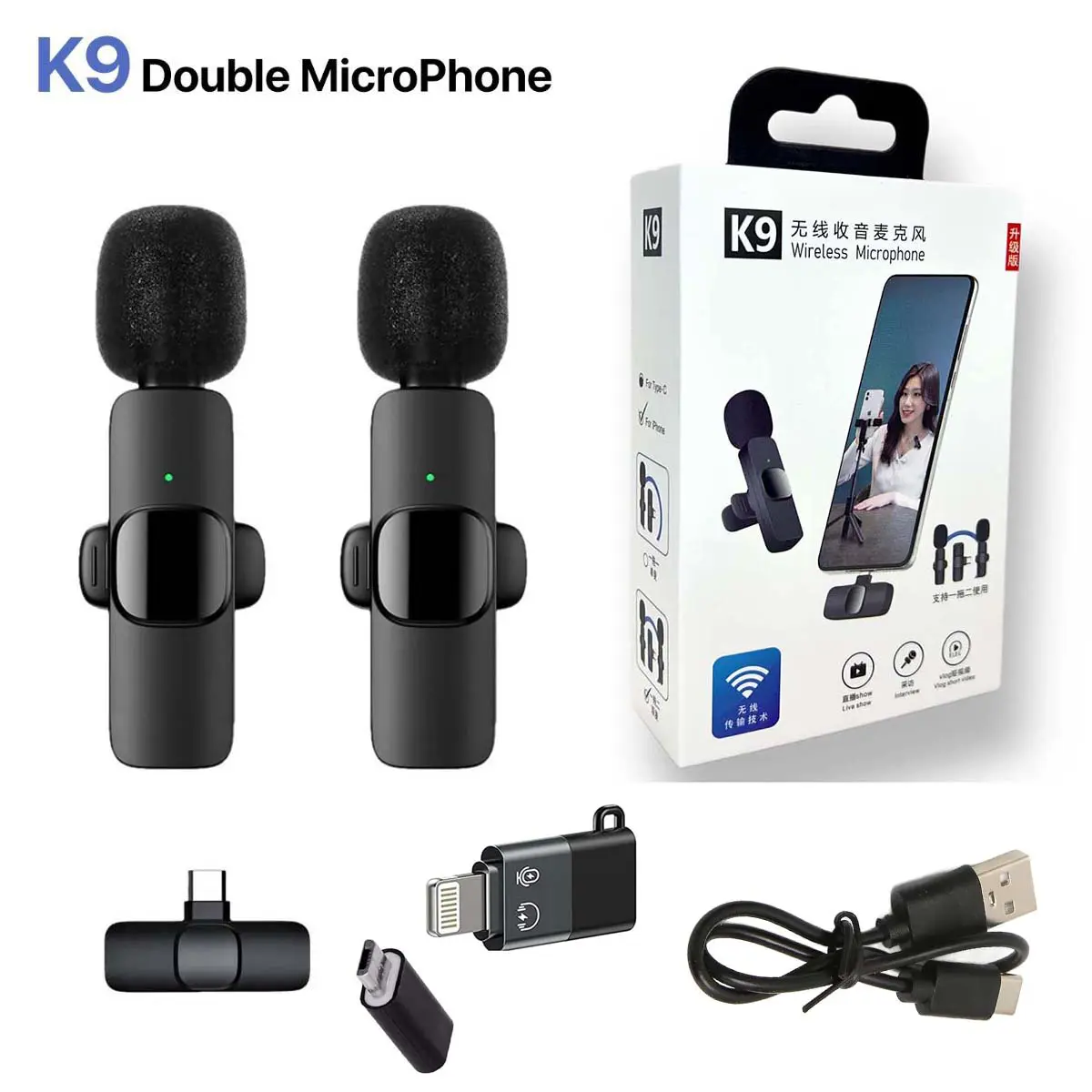 Double Microphone Lavalier cravate sans-fil K9 multi-plateforme Lightning iphone Type-c Micro USB