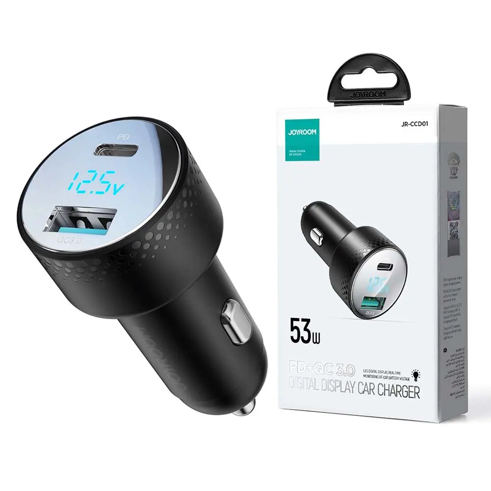 Chargeur AUTO 53W double port USB-C PD USB-A Joyroom JR-CCD01 avec voltmètre LED