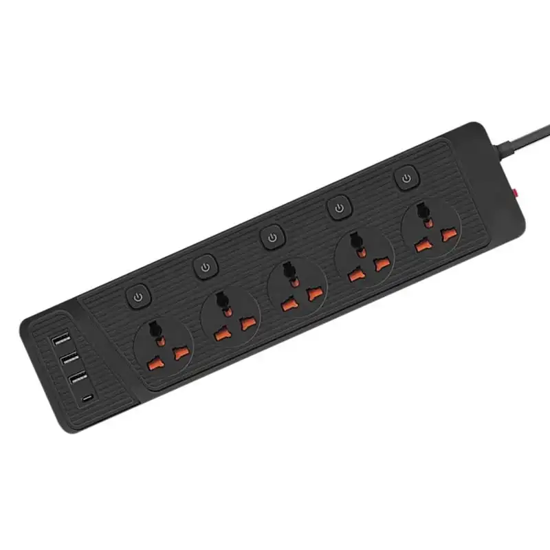 Multiprise Rallonge universelle 5 Prise AC 2500W avec interrupteur + Chargeur 3 x USB + USB-C 2m MT-PF12 - Noir