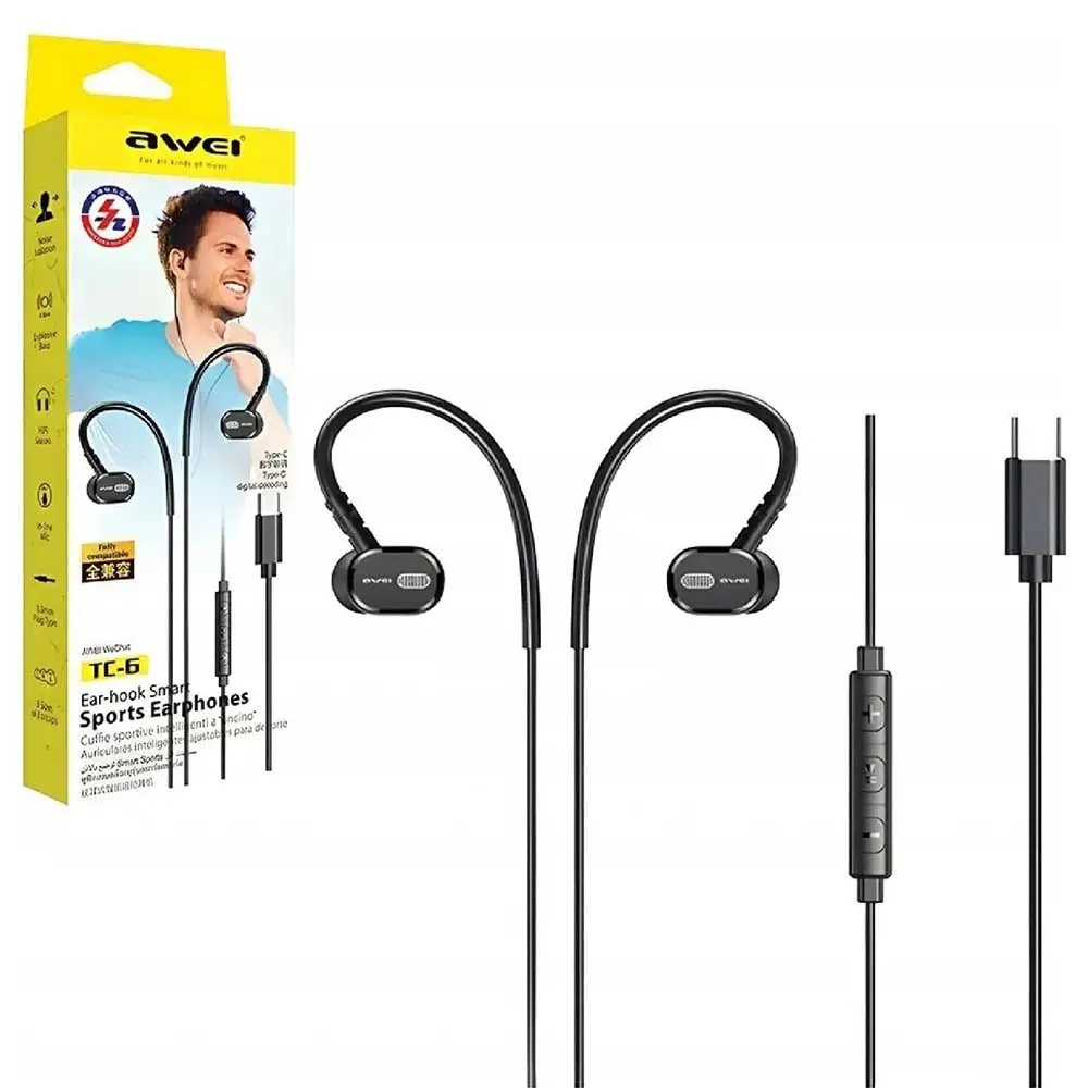 Ecouteur filaire USB-C AWEI TC-6 Sports avec microphone et boutons de commande 1.2m avec maintien sportif