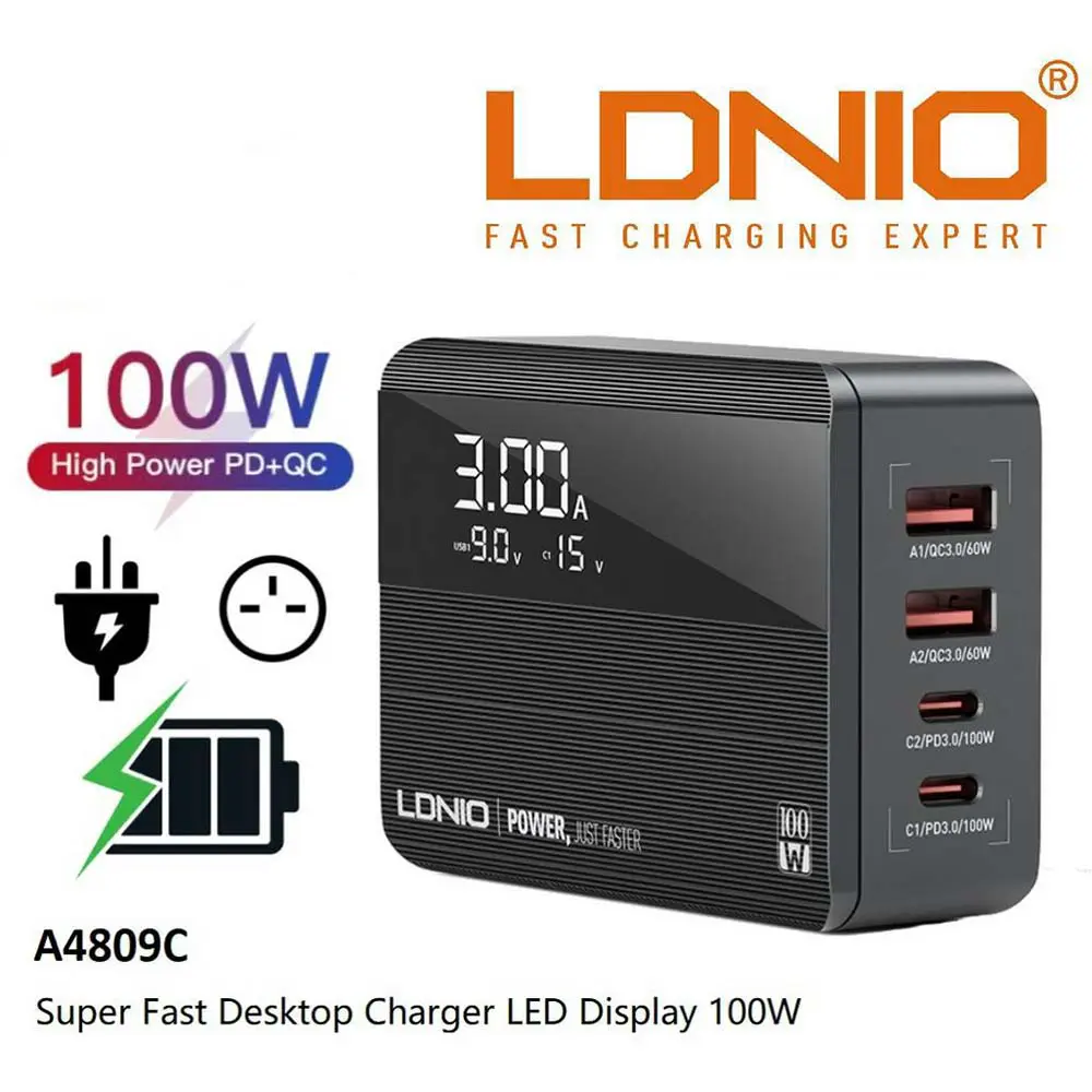 Chargeur LDNIO A4809C 100W GaN 4 Port USB QC4.0 Type-c PD pour smartphone LAPTOP