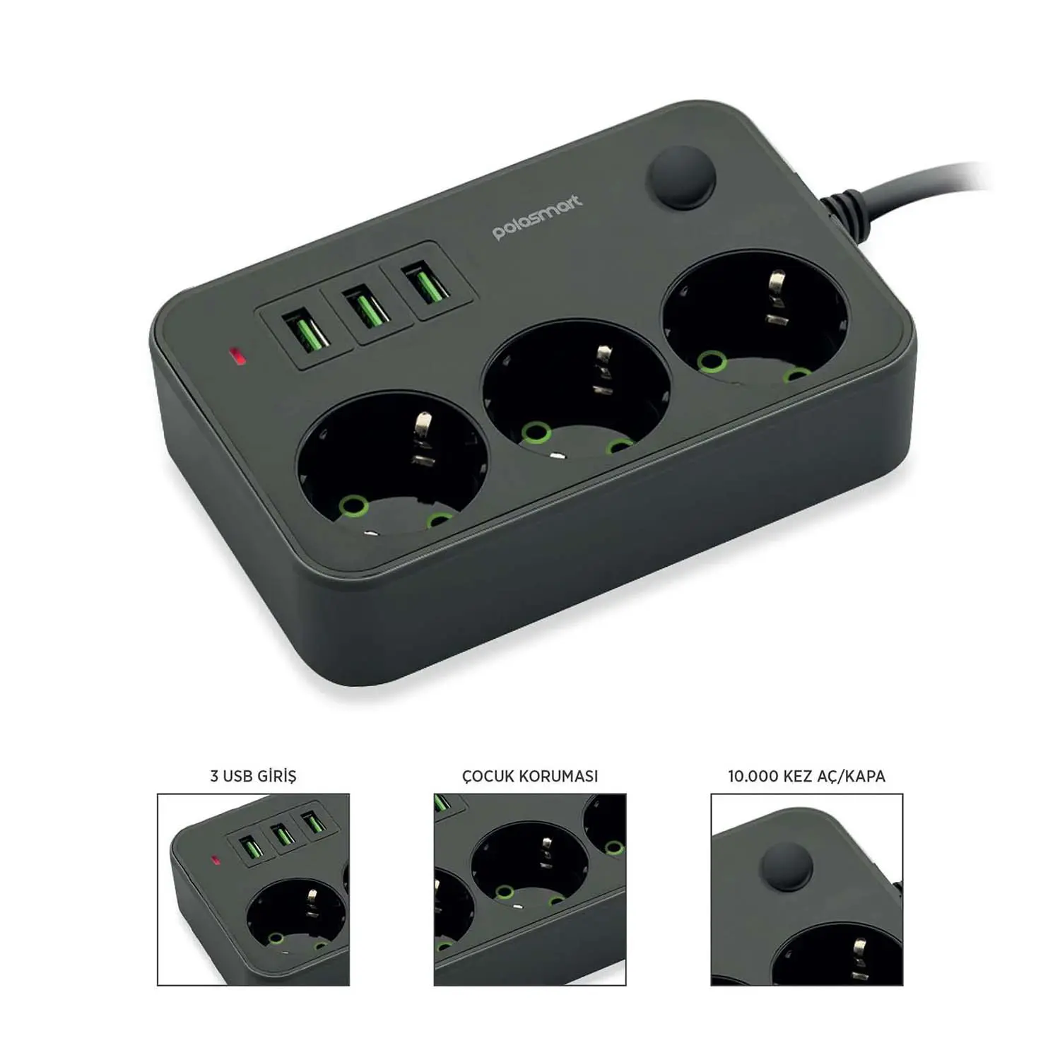 Multiprise rallonge 3 Prise + 3 USB 2500W avec interrupteur 2m POLOSMART MP08