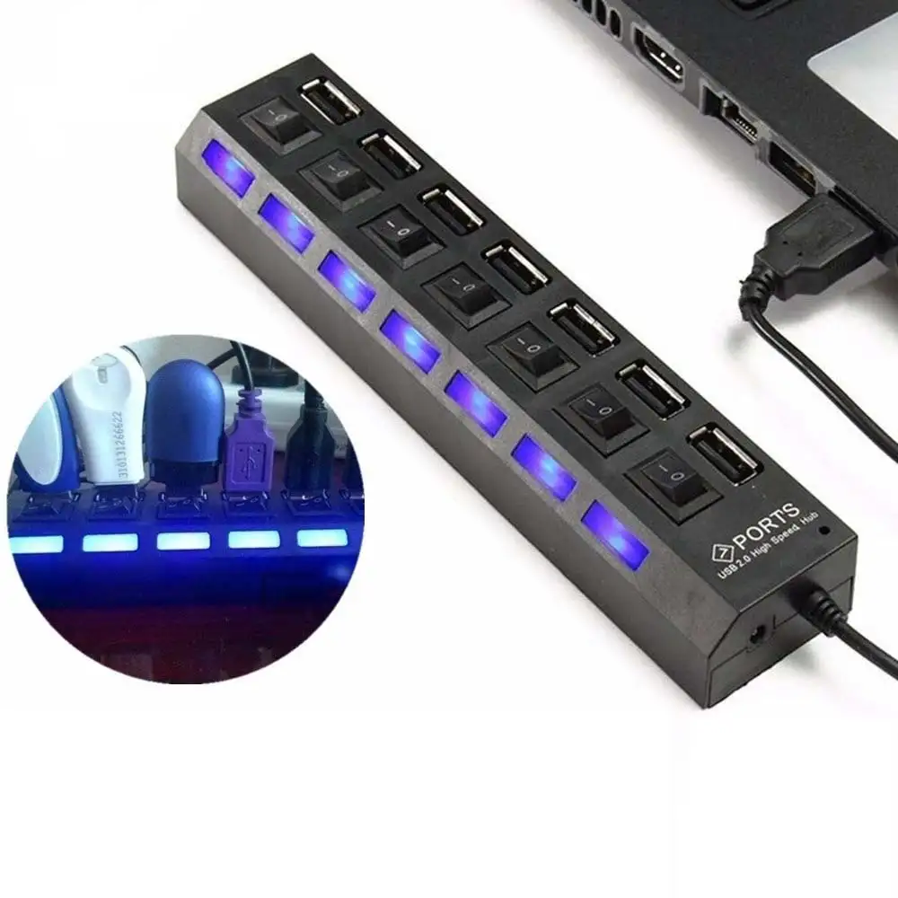 Hub USB 2.0 HI-Speed 7 Ports USB Avec Interrupteur Marche/Arrêt Pour PC