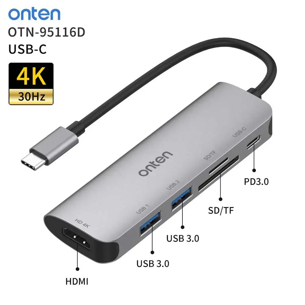 Adaptateur HUB 6 en 1 Type-c vers HDMI 4K + 2 x USB 3.0 + SD/TF + Type-c en alliage d'aluminium ONTEN OTN-95116D