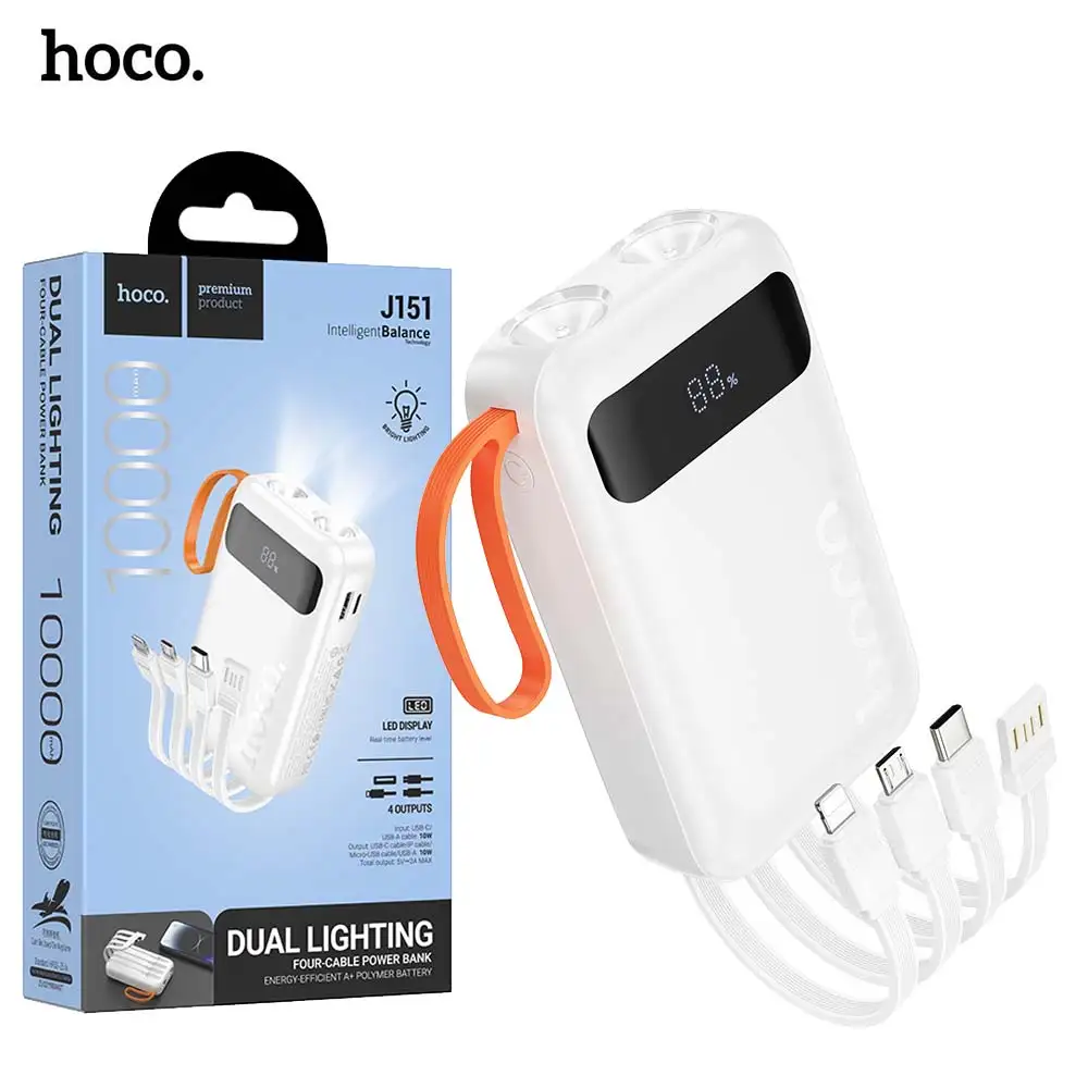 HOCO J151 Power Bank 10000mAh 4 câbles intégrés Type-c Lightning USB Micro USB + 2 lampes LED PD20W QC3.0