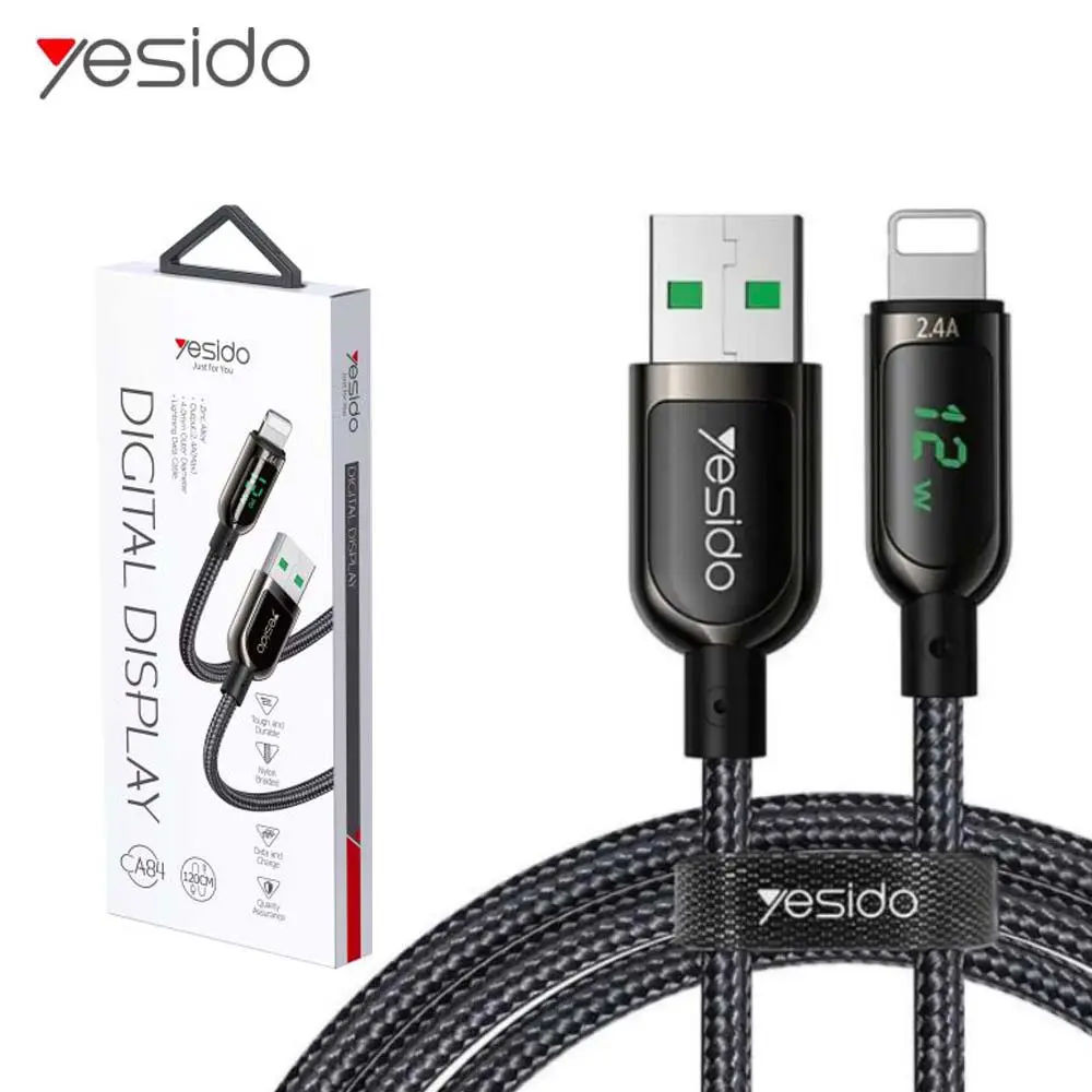 Cable USB-A Vers Lightning iphone de Données et Charge 2.4A avec affichage Puissance LED 1.2m YESIDO CA84