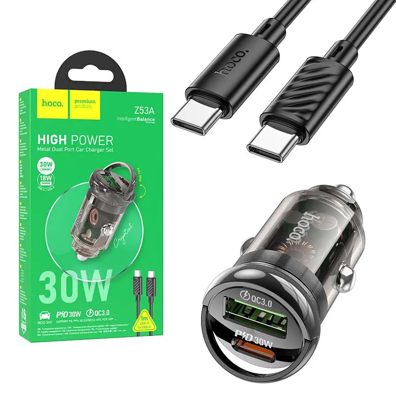 Chargeur AUTO 30W Type-c PD + USB QC3.0 HOCO Z53A + Câble USB-C Vers USB-C 1m