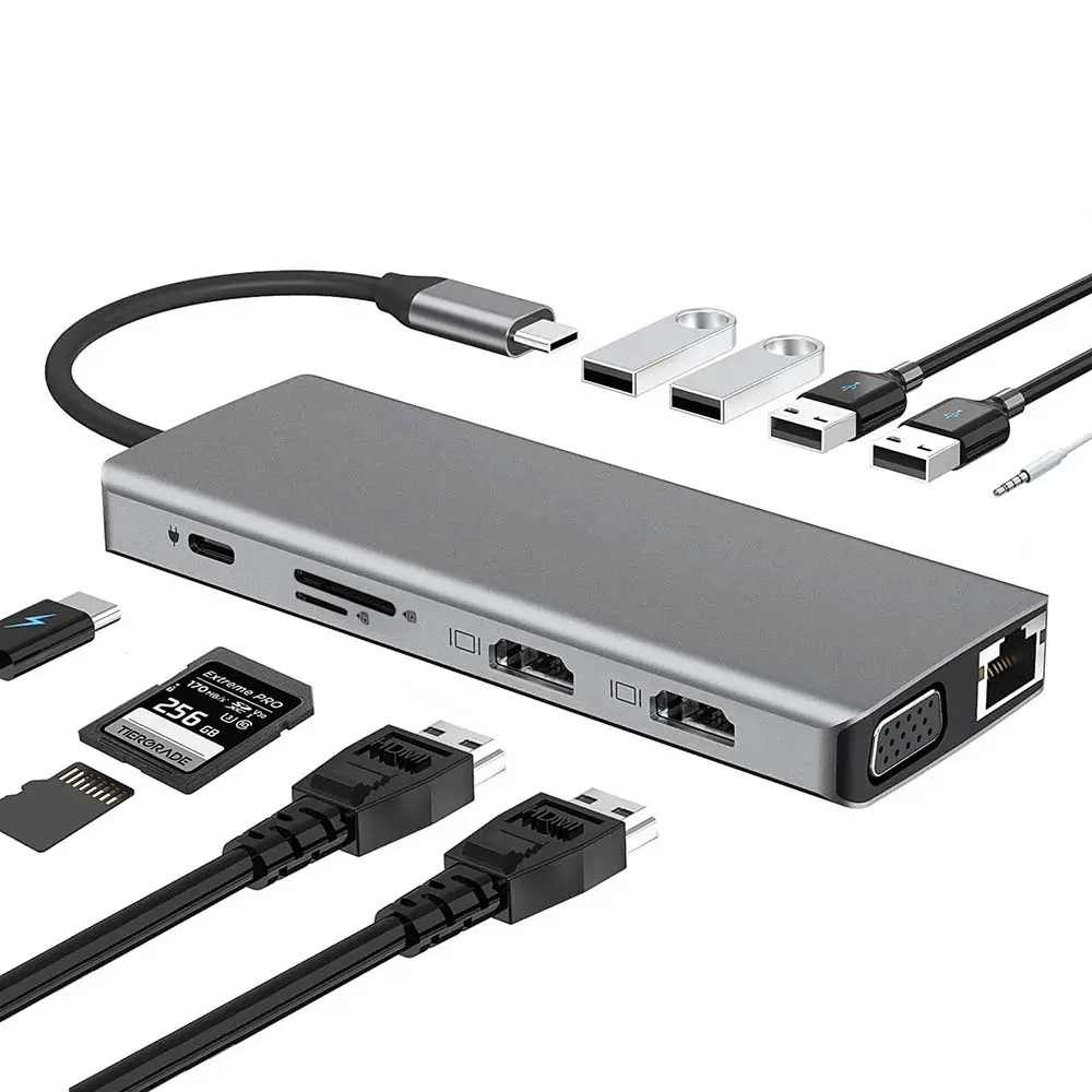 HUB Adaptateur 12 en 1 Type-c vers 2 x HDMI 4K + VGA + RJ45 + 1 x USB 3.0 + 3 x USB 2.0 + SD + Micro SD + AUX 3.5mm + Type-c PD 100W