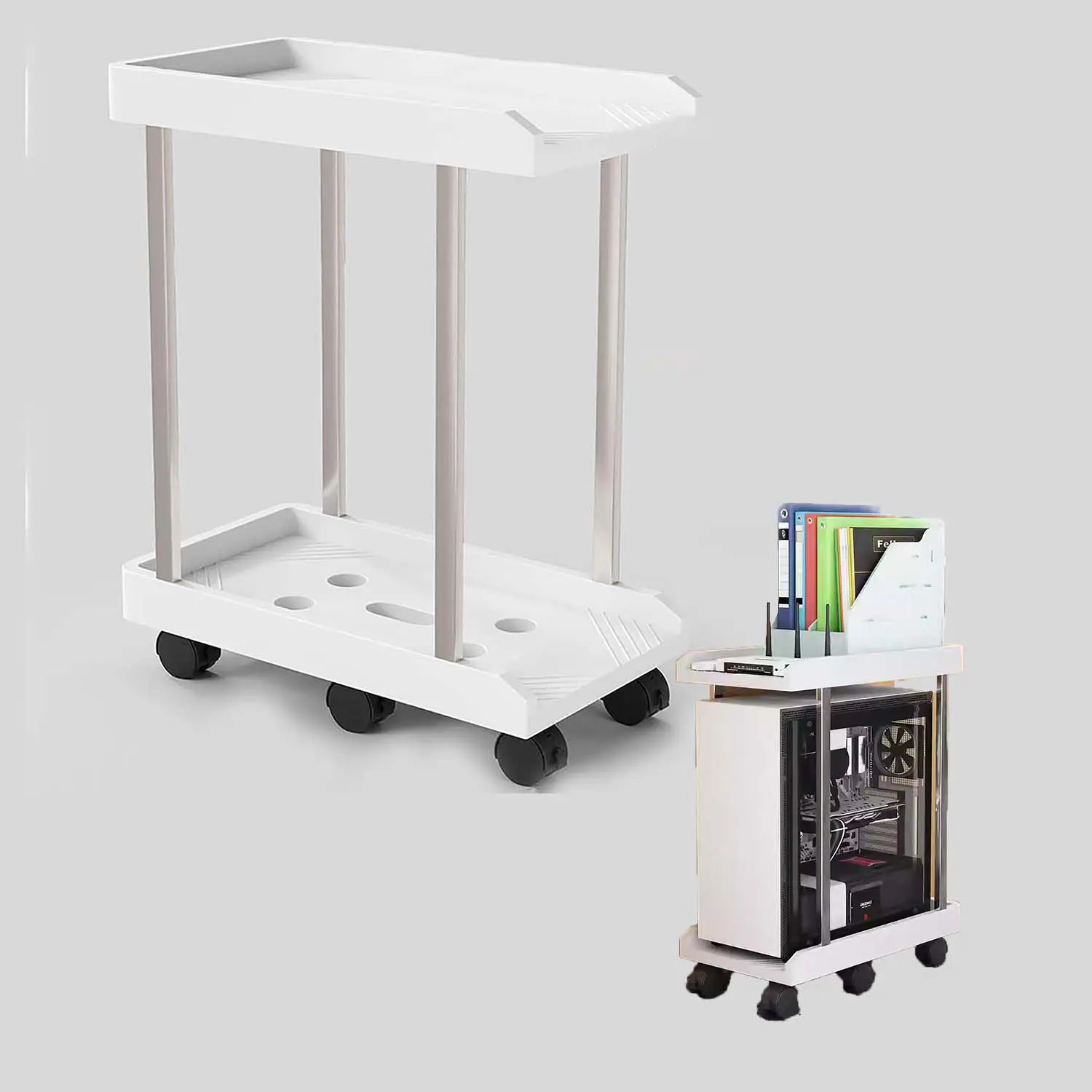 Support unité centrale sur 2 niveaux avec 6 Roues 036GSC218WH-6W - Blanc