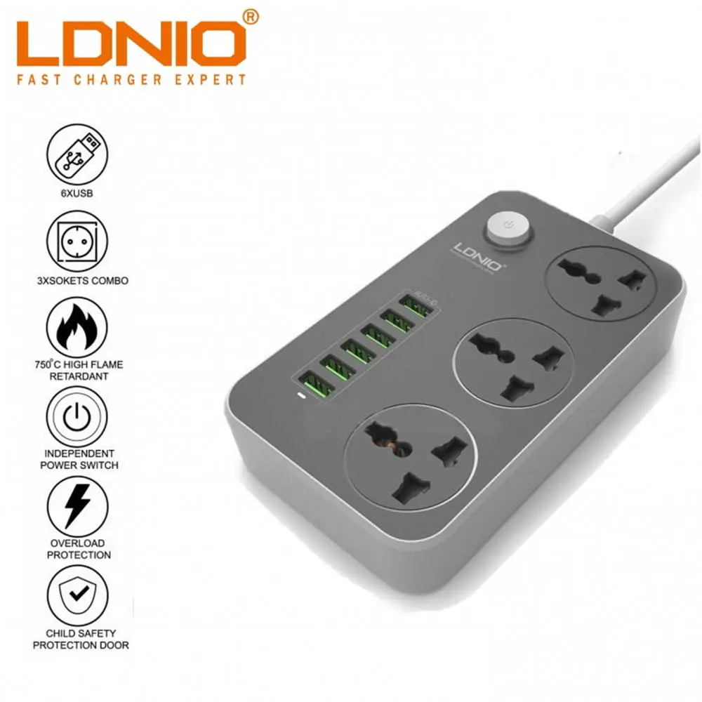 Multiprise Rallonge universelle LDNIO SC3604 3 Prise + 6 USB 5V 3.4A 2500W 2m