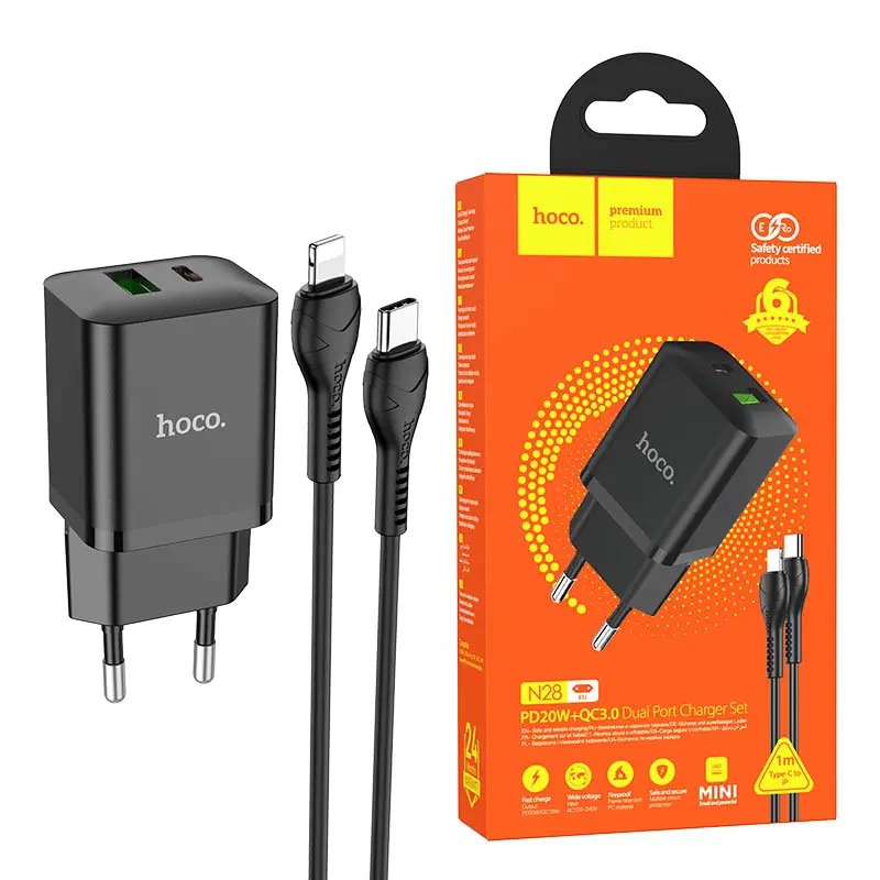 Chargeur rapide Dual Port USB HOCO N28 PD + QC3.0 20W + Cable Type-c to Lightning iphone 1m
