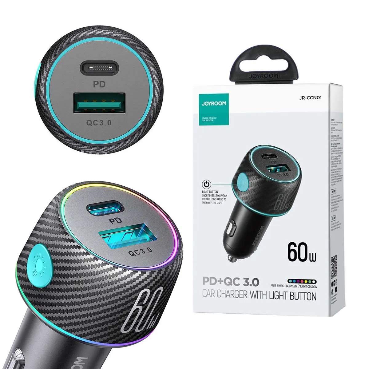 Chargeur AUTO 60W USB-C PD USB-A Joyroom JR-CCN01 60W LED Multi-Couleur