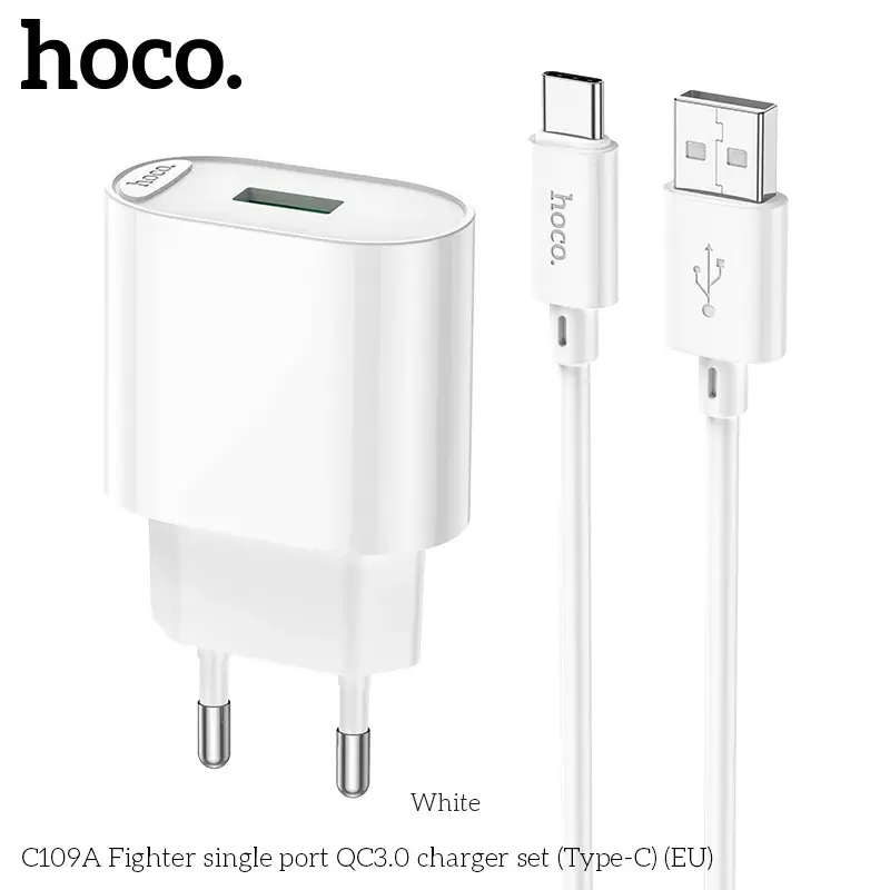 Chargeur Rapide Alimentation USB 18W QC3.0 HOCO C109A + câble USB-A vers USB-C 1m