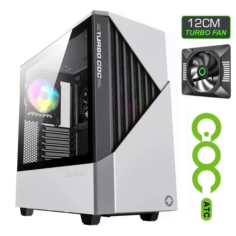 Boitier Gaming PC ATX GAMEMAX Contac Turbo ARGB COC en acier et Verre Trempé Antipoussière - Blanc/Noir