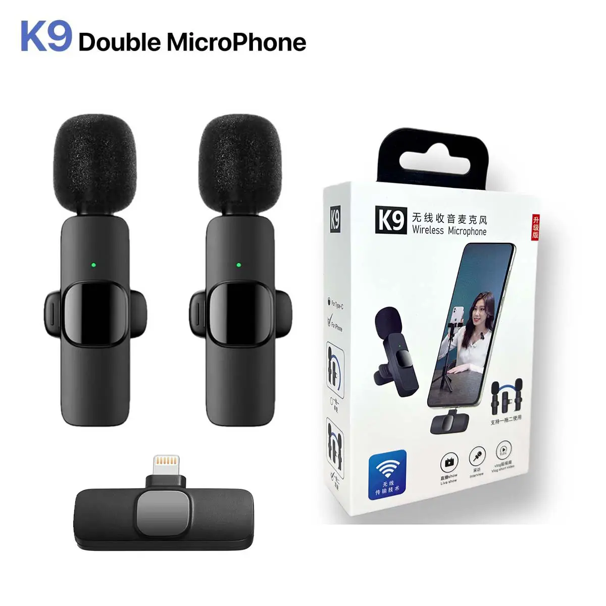 Double Microphone Lavalier cravate sans-fil K9 Lightning iphone