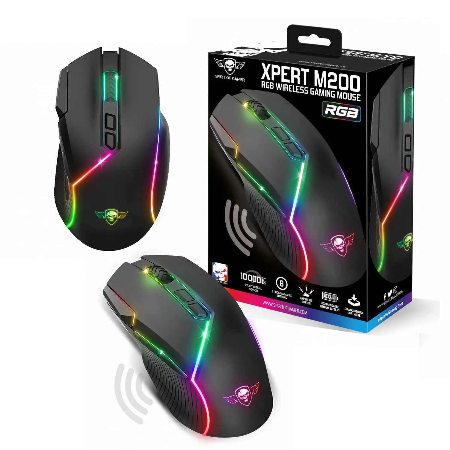 Souris Gaming sans-fil Rechargeable 400mAh Spirit Of Gamer XPERT-M200 RGB 10000dpi 8 Boutons Programmables