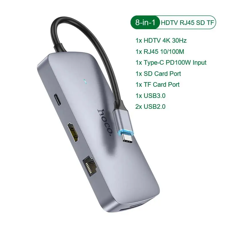 HUB 8 en 1 HOCO HB32 PD100W Type-c USB-C to HDMI + RJ45 + SD/TF + 1 * USB 3.0 + 2 * USB 2.0 + Type-c PD