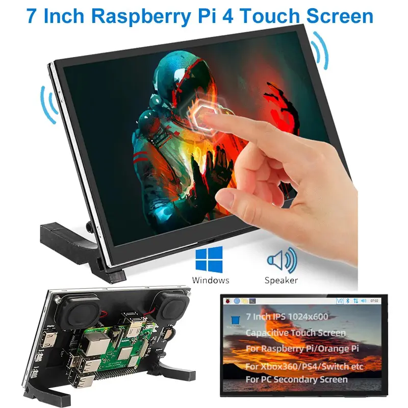 Ecran tactile 7 pouces IPS 1024 x 600 HD avec Haut parleur + Support compatible Raspberry Pi 4/5