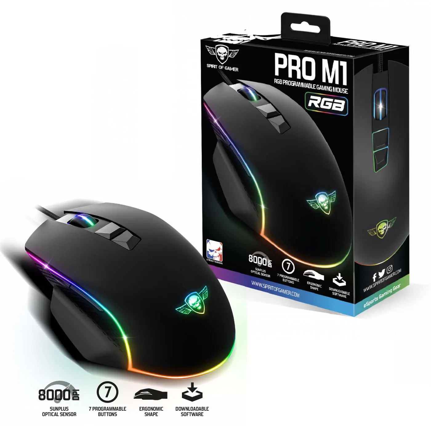 Souris Gaming Spirit of gamer RGB PRO-M1 S-PM1 8000dpi 7 Boutons Programmables USB - Noir