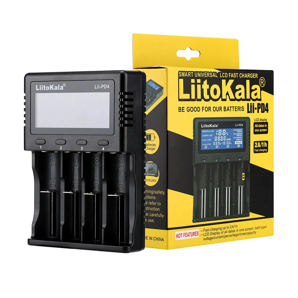 Chargeur de pile batterie professionel LiitoKala lii-PD4 Li-ion 3,7 V et NiMH 1,2 V 2A 18650 21700 26650 AA AAA