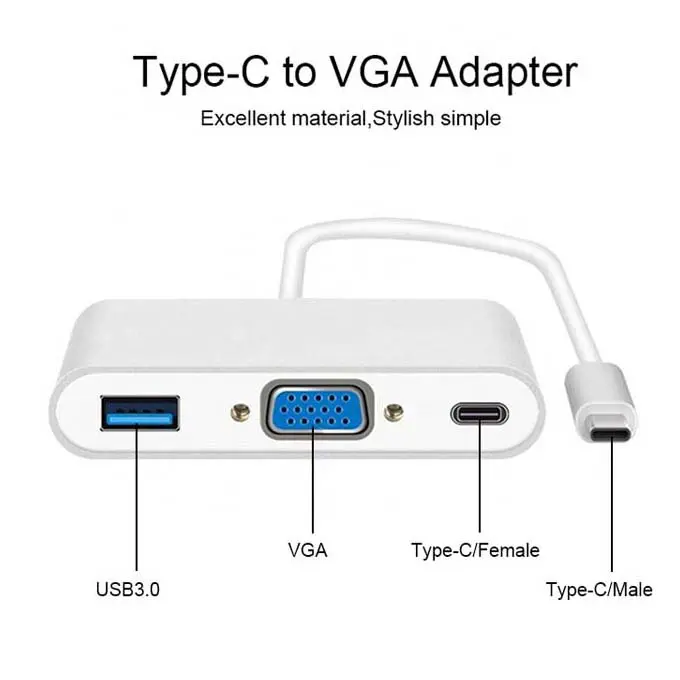 Adaptateur Convertisseur 3 en 1 USB-C Type-C Vers to VGA + USB 3.0 + Type-C PD 1080P 60Hz