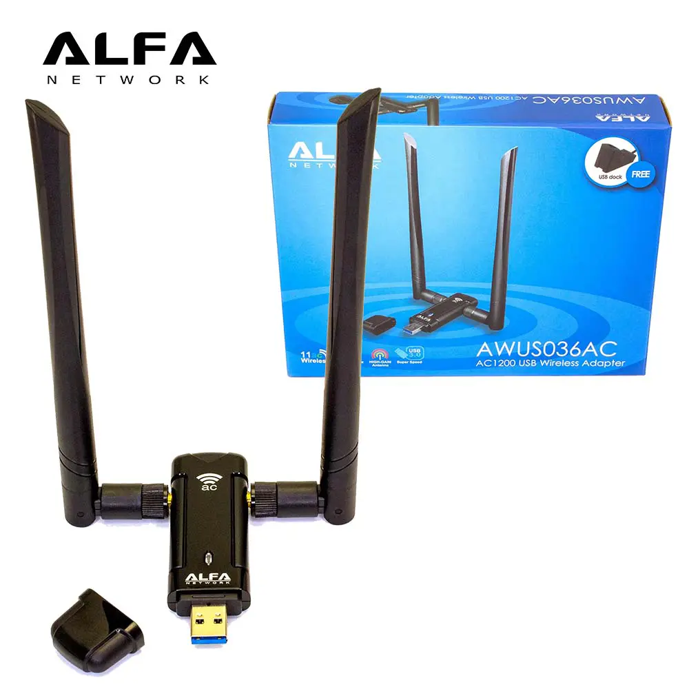 Adaptateur Sans fil Wi-Fi AC1200 Double Bande Longue Portée USB 3.0 ALFA AWUS036AC avec double antenne externe Haute sensibilité