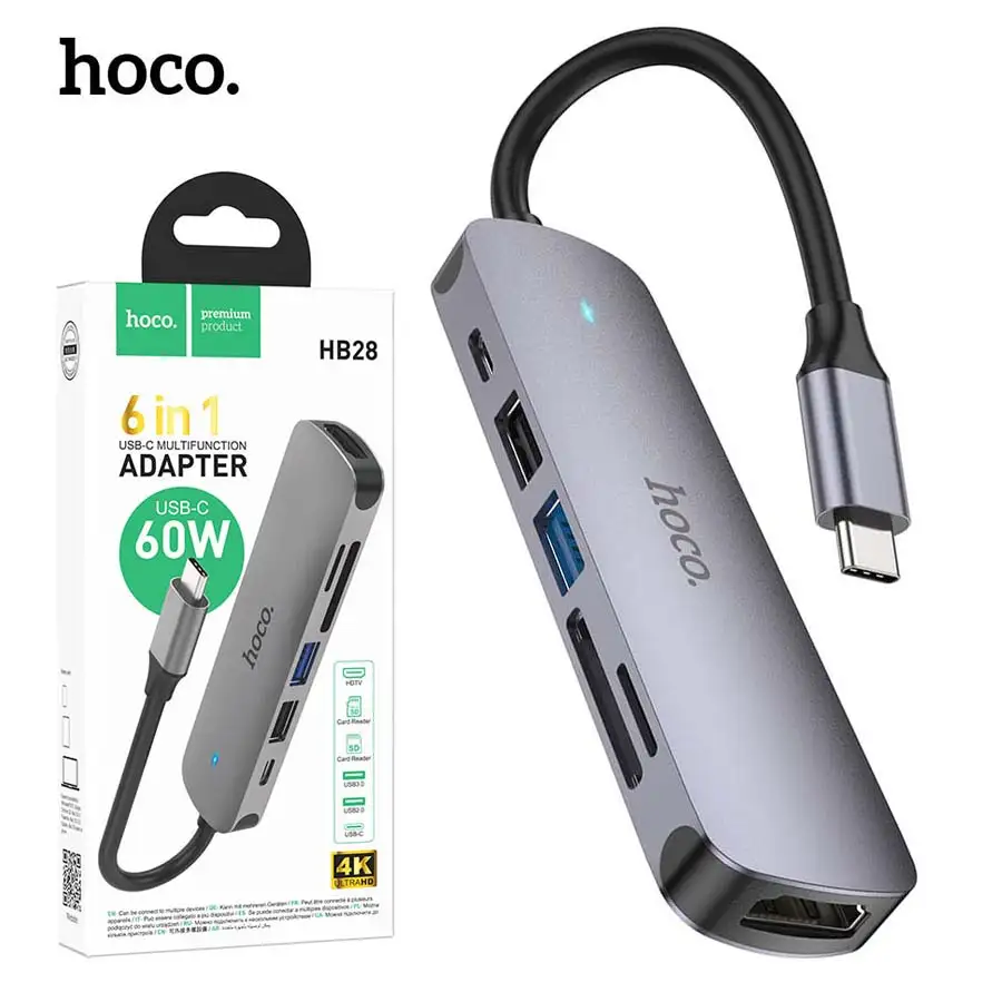 HOCO HB28 HUB Adaptateur 6 en 1 Type-c vers HDMI 4K + PD 60W USB-C + USB 3.0 + USB 2.0 + Carte Micro SD / SD