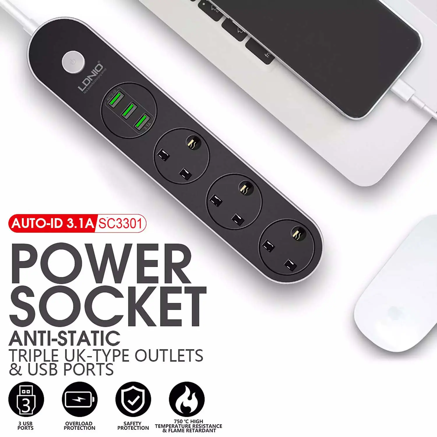 Multiprise Rallonge LDNIO SC3301 3 Prise + 3 USB 5V 3.1A 2500W 1.6m