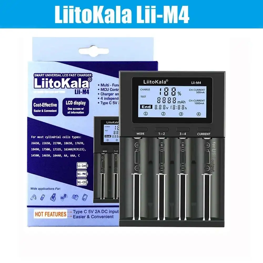 LiitoKala Lii-M4 Chargeur de pile universel intelligent Li-ion NiMH 18650 21700 26650 AA AAA