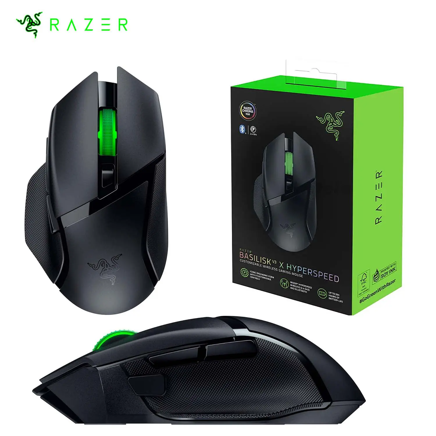 Souris sans fil 2.4ghz et Bluetooth gaming Razer Basilisk V3 X Hyperspeed 9 boutons Noir et Vert