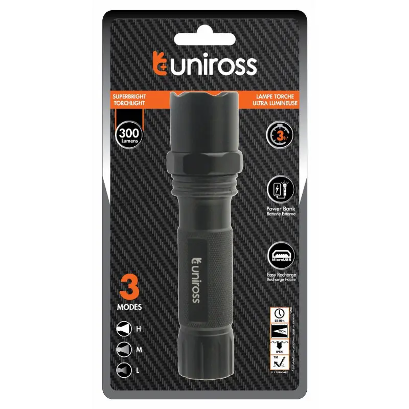 Lampe de poche Torche UNIROSS ULFL014 Rechargeable 300 lumens