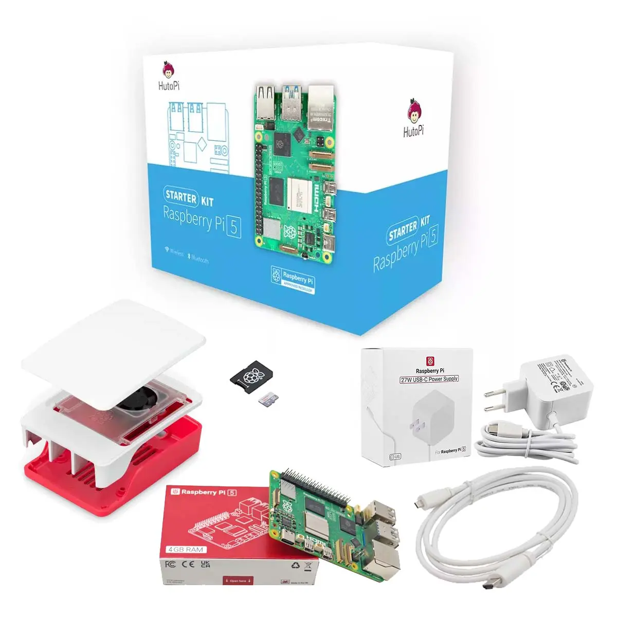 Kit Complet Starter Raspberry Pi 5 Officiel 4GB avec alimentation officiel 27W,  boitier officiel, Micro SD 32GB et cable Micro HDMI-HDMI
