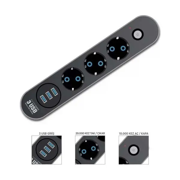 Multiprise rallonge 3 Prise + 3 USB 2500W avec interrupteur 2m FULLTECH FTR-01