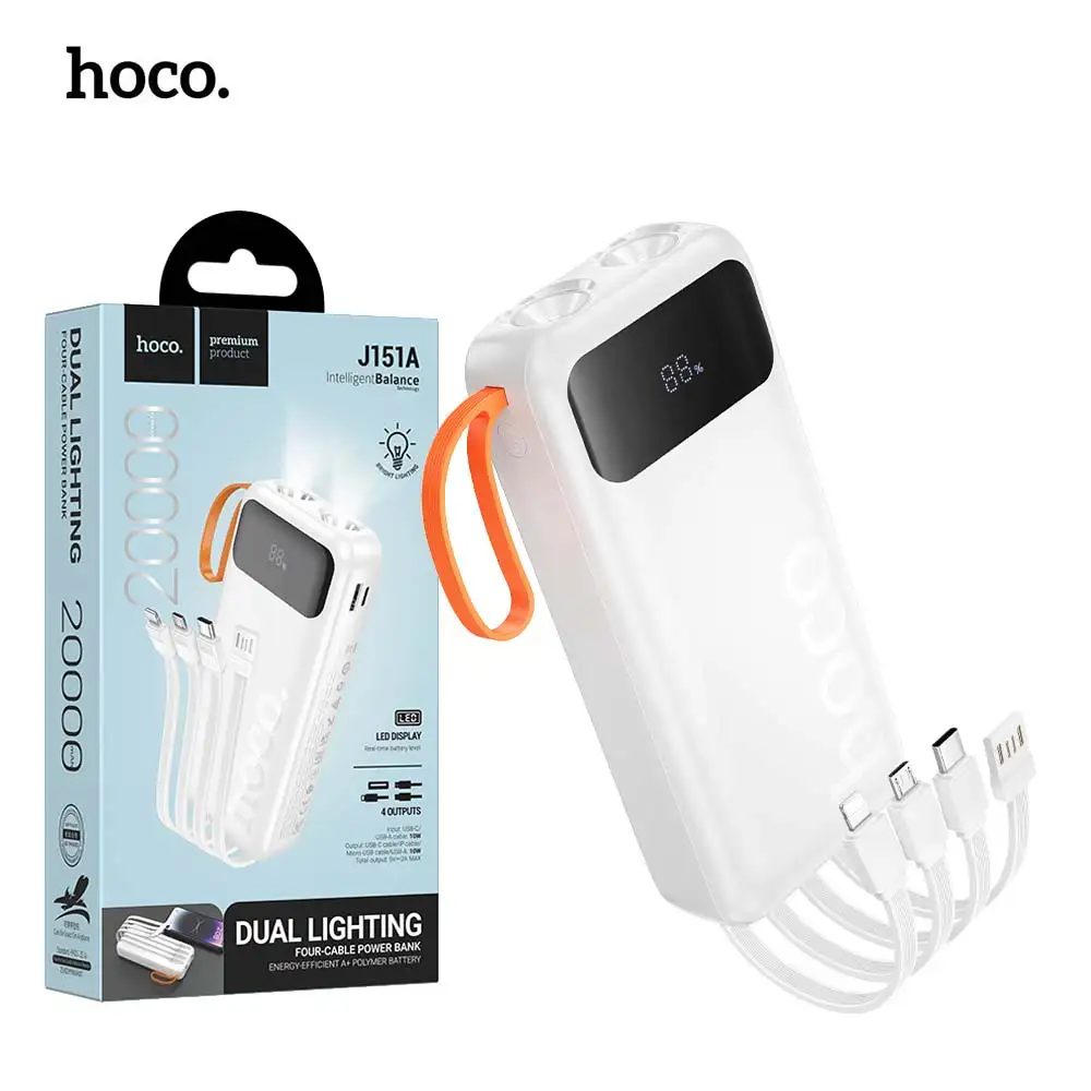 HOCO J151A Power Bank 20000mAh 4 câbles intégrés Type-c Lightning USB + 2 lampes LED PD20W QC3.0