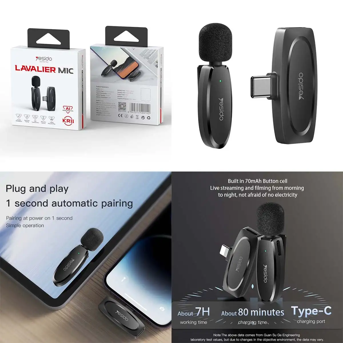 YESIDO KR11 Microphone Lavalier Cravate sans-fil 2.4Ghz Type‑C pour Smartphone et PC