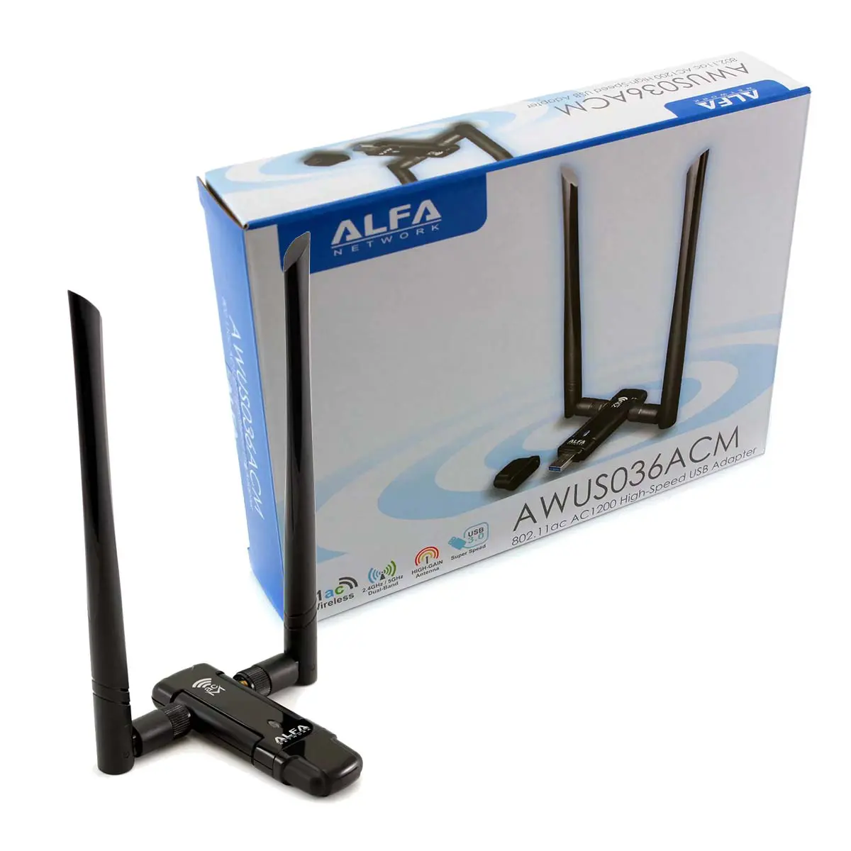 Adaptateur Sans fil Wi-Fi AC1200 Double Bande Longue Portée USB ALFA AWUS036ACM avec double antenne externe Haute sensibilité