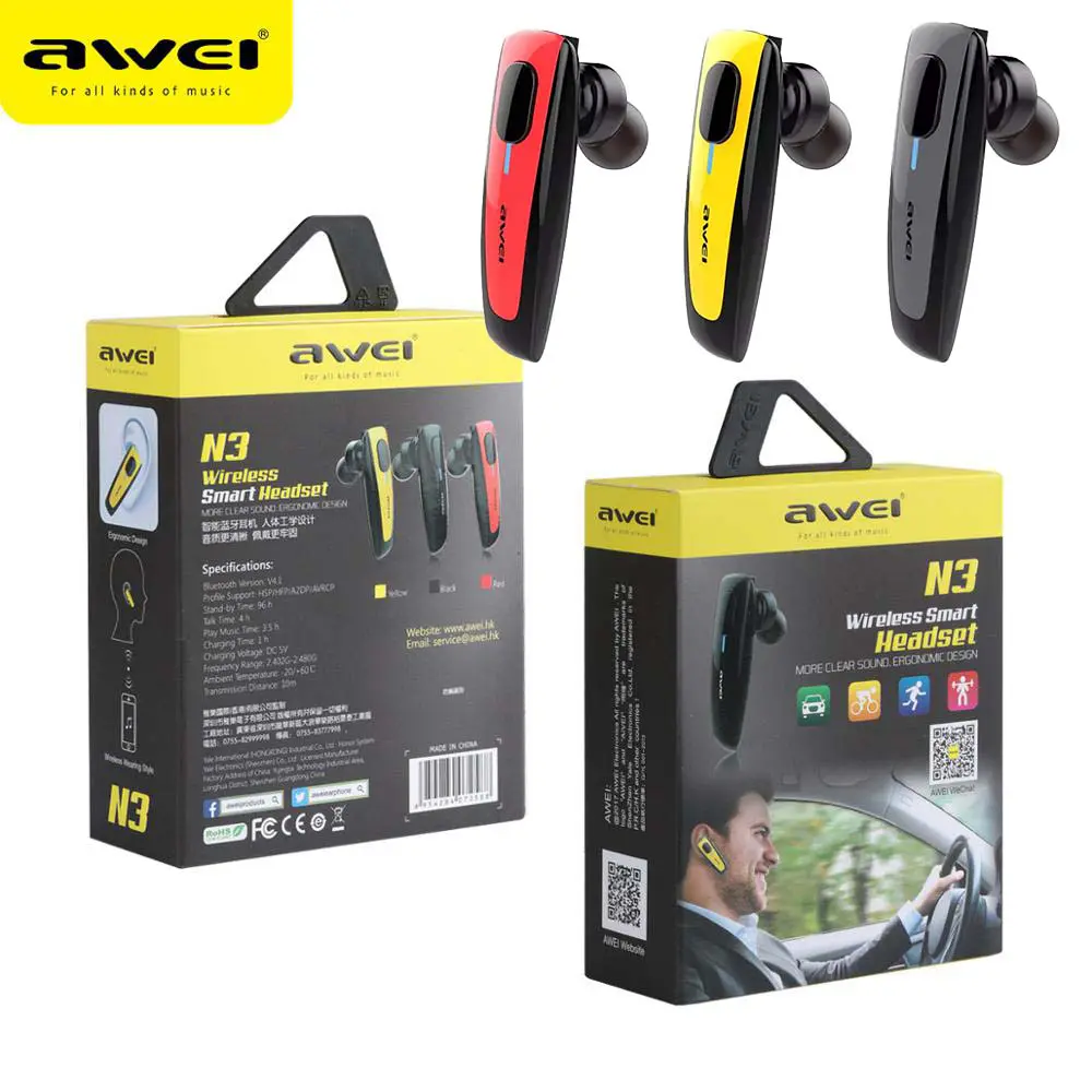 Ecouteur sans-fil bluetooth AWEI N3 avec microphone pour conduite auto