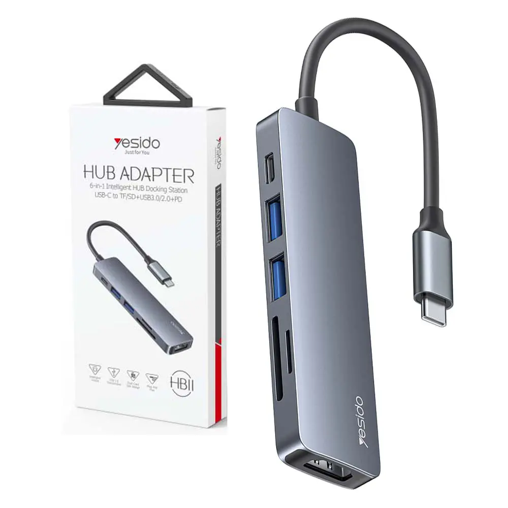 HUB Adaptateur 6 en 1 Type-c vers HDMI 4K + PD 60W USB-C + 2 x USB 3.0 + Carte Micro SD / SD YESIDO HB11 en Alliage d'aluminium
