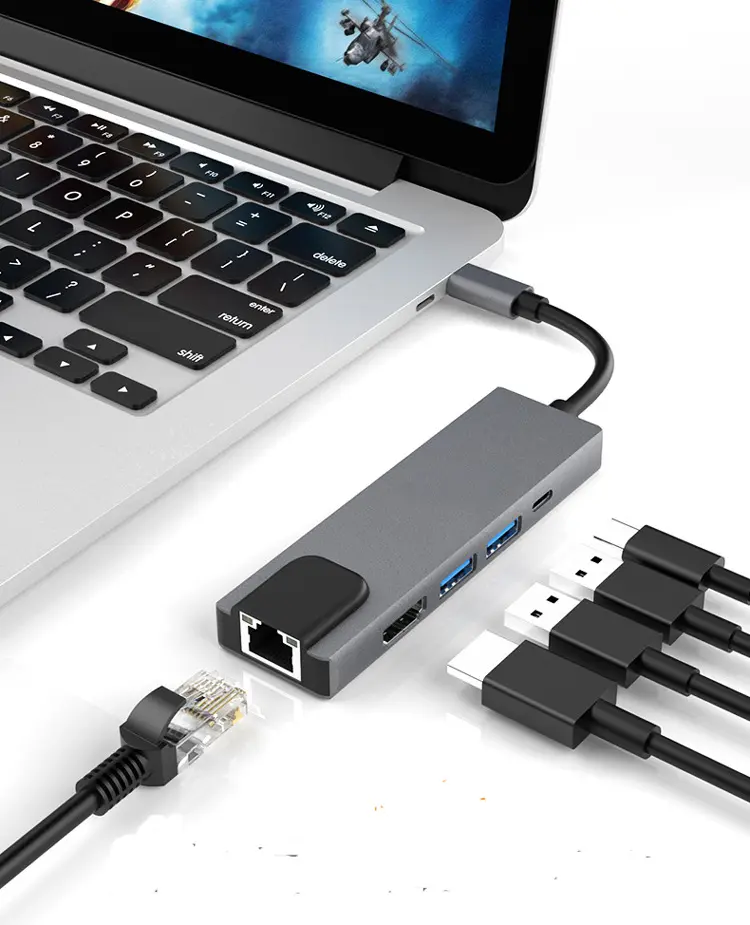 Adaptateur HUB 5 en 1 USB-C to HDMI + RJ45 + Type-C + 2 * USB 3.0