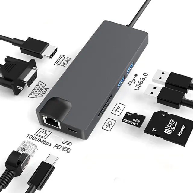 Adaptateur HUB 8 en 1 USB-C to HDMI + RJ45 + Type-C + SD CARD + 2 * USB 3.0 + HDMI + VGA