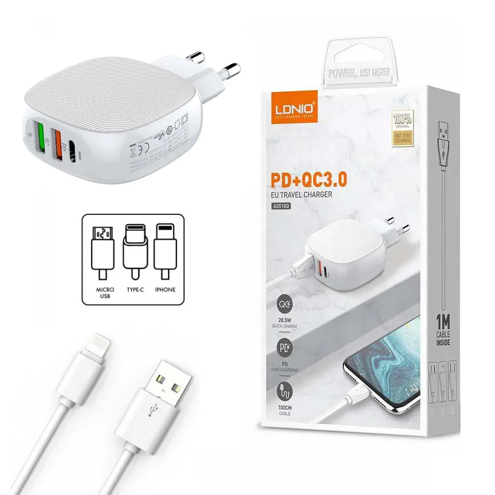 Chargeur LDNIO A3510Q Charge rapide Type-C PD et QC3.0 triple ports USB 28.5W + Câble 1m
