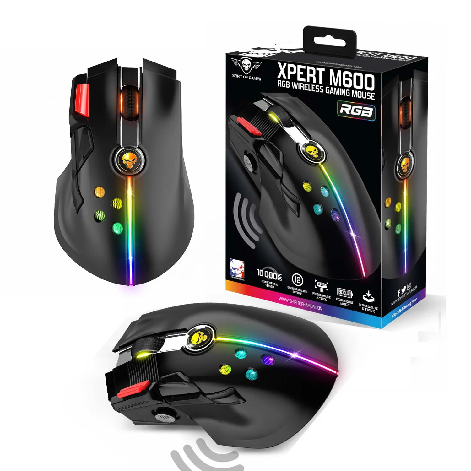Souris sans-fil 2.4ghz Gaming Rechargeable 800 mAh Spirit Of Gamer XPERT-M600 S-XM600RF 10000dpi 12 boutons programmables