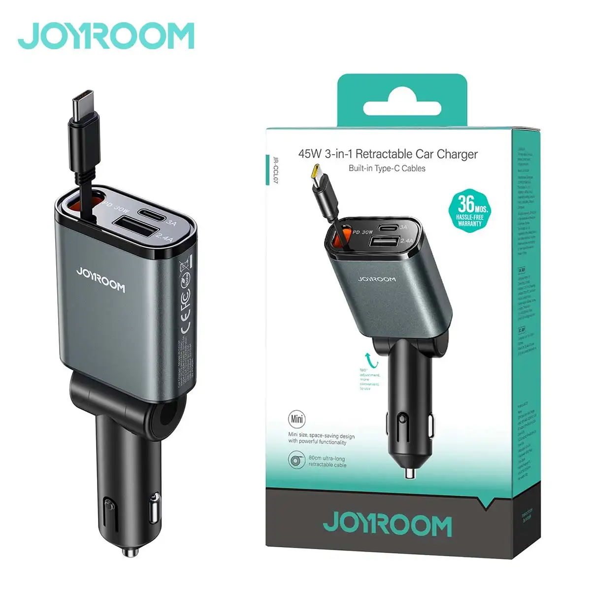 Joyroom JR-CCL07 Chargeur Auto 45W avec câble rétractable et ports USB‑C / USB‑A