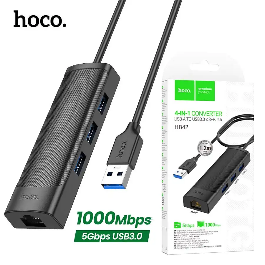 HOCO HB42 HUB 4 en 1 USB 3.0 vers RJ45 1000Mbps + 3 x USB 3.0 1.2m