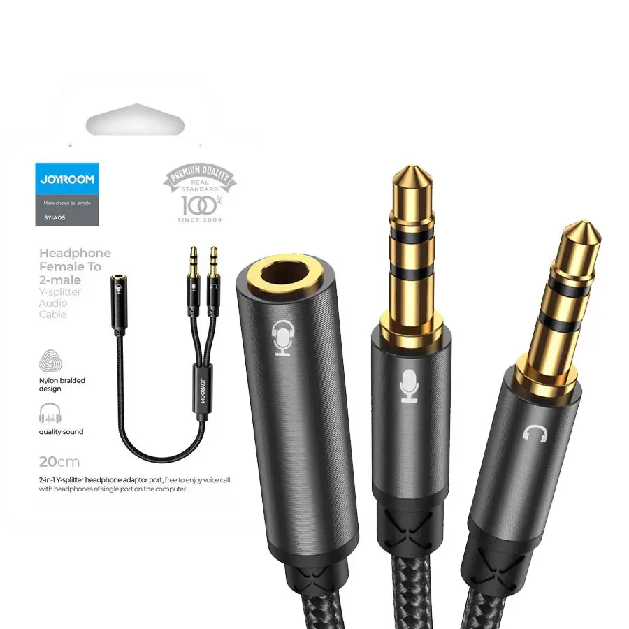 Adaptateur Splitter audio Aux Jack 3.5mm Femelle vers 2 x AUX Male Casque + Microphone Joyroom SY-A05