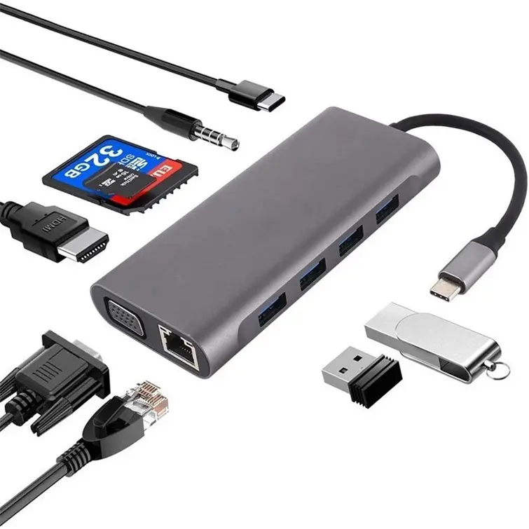 Adaptateur HUB 11 en 1 USB-C to HDMI + RJ45 + Type-C + SD CARD + MICRO SD + 1 * USB 3.0 + 3 * USB 2.0 + AUDIO + VGA