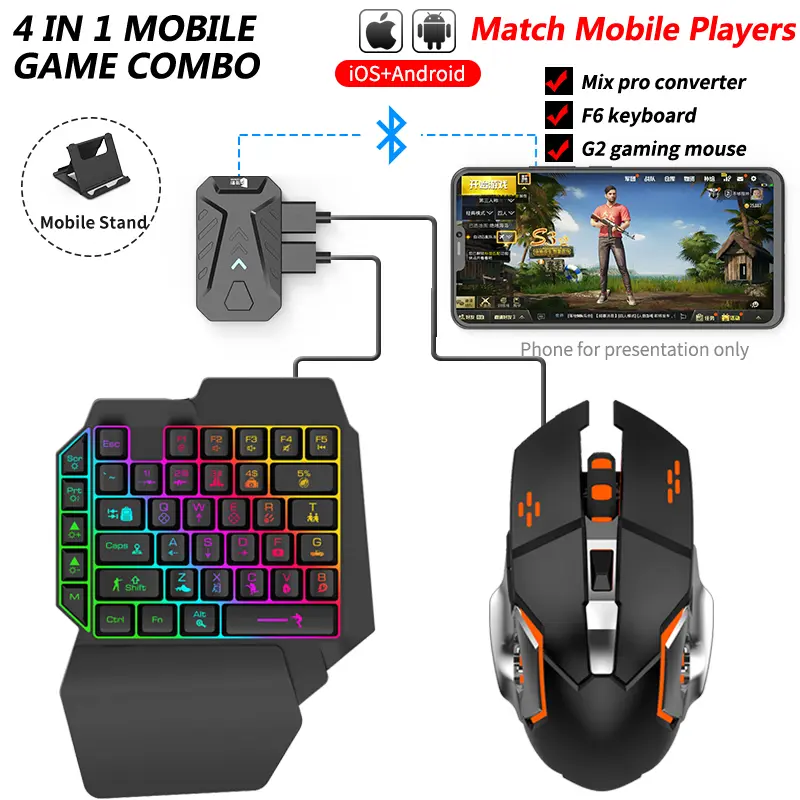 Ensemble Gaming 4 en 1 avec clavier et souris, convertisseur Bluetooth pour jeux mobiles Android et IOS