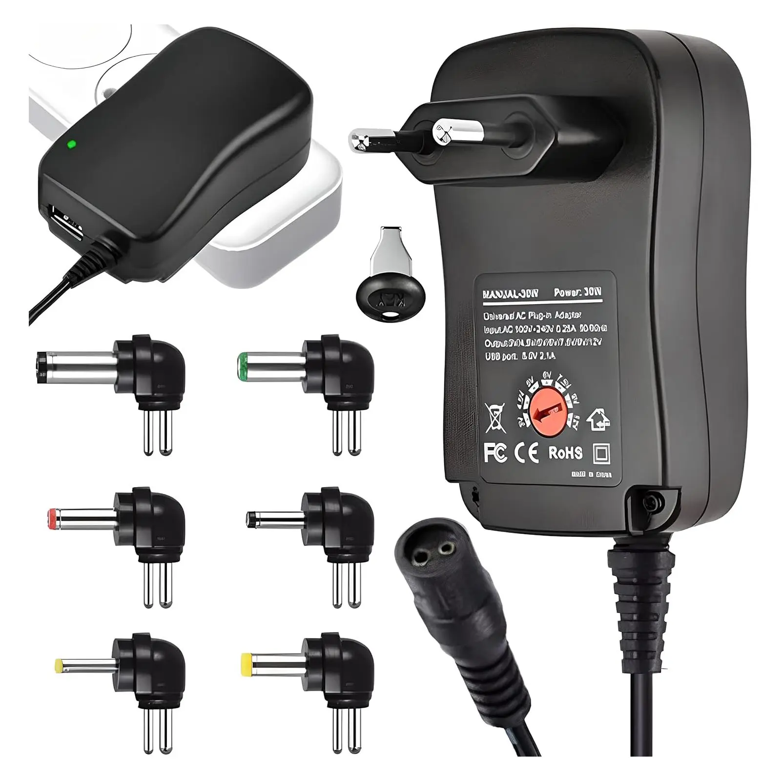 Chargeur adaptateur Alimentation universel 30W, 3V, 4.5V, 5V, 6V, 7.5V, 9V, 12V, 2.1A, USB AC/DC Réglable