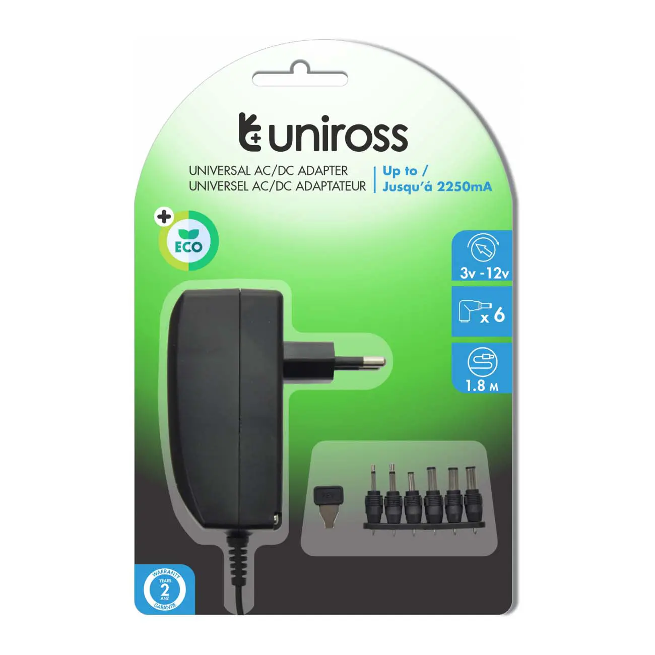Chargeur adaptateur Alimentation universelle 27W, 3V, 4.5V, 5V, 6V, 7.5V, 9V, 12V, 2250mA, AC/DC Réglable Uniross USMPS005EU